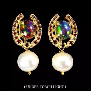 Gold Over 925 Sterling Silver Earrings Oval Black Opal Rhodolite Pearl Gemstone